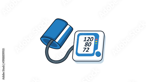 Digital Blood Pressure Monitor with Cuff Vector Illustration. Modern Flat Icon of a Sphygmomanometer Showing Normal Reading 120 over 80. Medical Device for Health Monitoring on White Background.