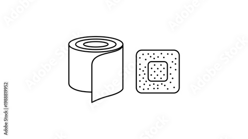 Minimalist black line vector icon illustration of a medical bandage roll and square adhesive plaster on white background, hand-drawn outline for first aid, healthcare, and wound care treatment.