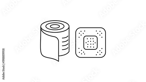 Minimalist black line vector icon illustration of a medical bandage roll and a square adhesive plaster patch, isolated on a white background for healthcare, first aid, and medical design.