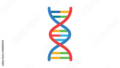 Foto Modern flat vector icon of a colorful DNA double helix on a white background, representing genetics, biology, science research, and healthcare, clean scalable illustration for medical design