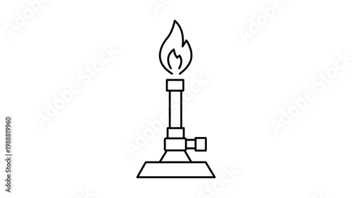Minimalist black line vector icon of a Bunsen burner with a flame, representing laboratory equipment for scientific research, chemistry experiments, and education, isolated on white background.