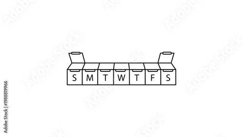 Weekly Pill Organizer Vector Icon, Minimalist Black Line Art Illustration of a Seven Day Medicine Dispenser for Daily Dose Management, Health and Wellness Care Scalable Outline Graphic on White