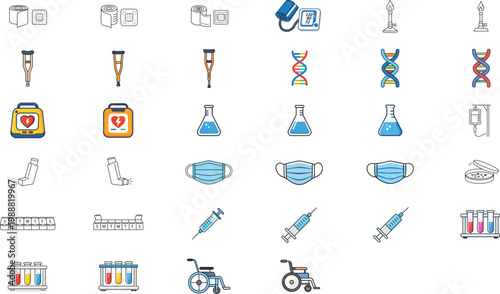32 Medical and Laboratory Vector Icon Set Bundle featuring Healthcare First Aid and Science Equipment including DNA Helix Syringe Face Mask Test Tubes Wheelchair Defibrillator and Bunsen Burner