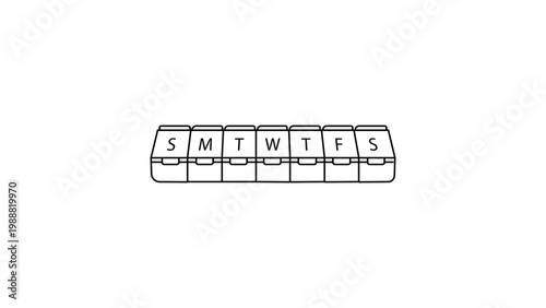 Foto Weekly Pill Organizer Vector Icon Illustration, Minimalist Black Line Art Outline of a 7-Day Medication Box with Sunday to Saturday Labels, Hand-Drawn Scalable Graphic for Health and Wellness