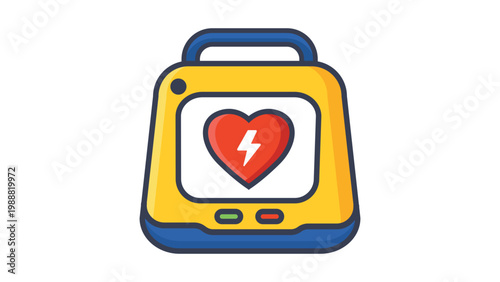 Automated External Defibrillator AED vector illustration icon. Portable medical device for cardiac emergencies, heart attack first aid, life-saving resuscitation, and emergency medical services.