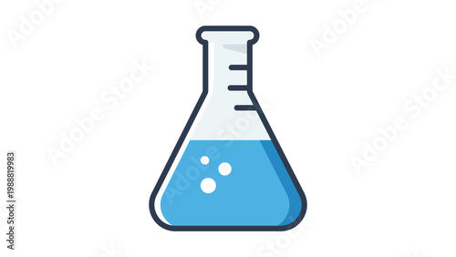 Erlenmeyer flask vector icon illustration. A modern flat design of a conical laboratory flask with blue liquid and bubbles inside, perfect for science, chemistry, education, and research projects.
