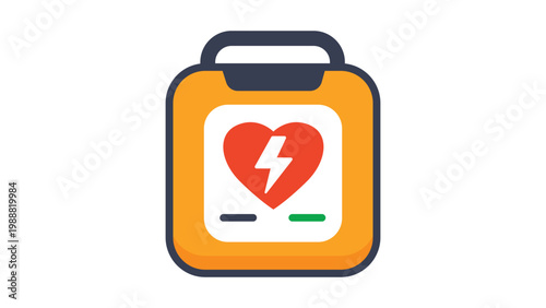 Modern flat vector icon illustration of a portable automated external defibrillator AED on a white background, representing emergency medical equipment for heart resuscitation and first aid.