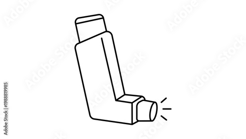 Minimalist black line vector icon illustration of a handheld asthma inhaler on a white background, perfect for medical, healthcare, respiratory health, and allergy-related design projects.