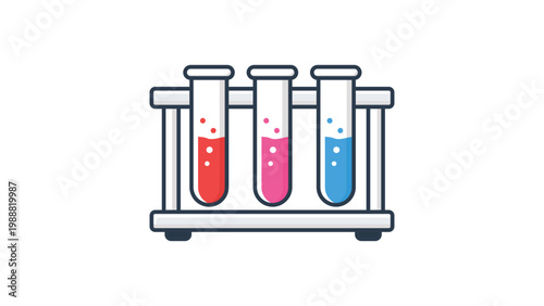 Modern flat vector illustration of a laboratory test tube rack with three colorful glass tubes containing blue pink and yellow chemical liquids for science research and chemistry experiments.