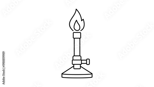 Minimalist black line vector icon of a Bunsen burner with a flame, a scalable laboratory equipment illustration for science, chemistry, and education projects, isolated on a white background.