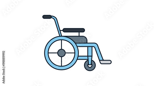 Modern flat vector icon of a manual wheelchair in side view, featuring a blue frame and grey seat. This minimalist illustration is perfect for healthcare, accessibility, and medical designs.