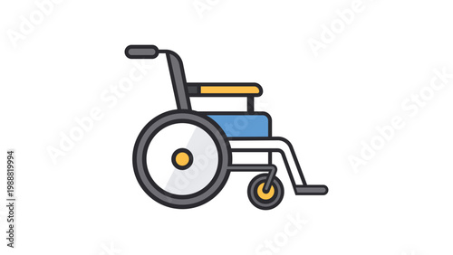 Modern manual wheelchair vector icon illustration, side view of a blue and yellow mobility aid for disabled people, clean flat design graphic for healthcare, medical, and accessibility apps.