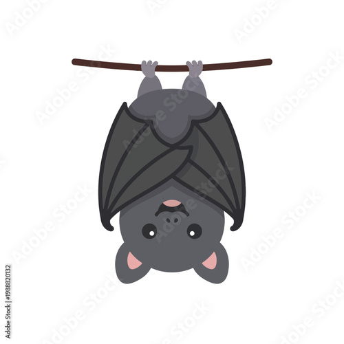A cartoon bat hangs upside down from a branch with its wings spread.