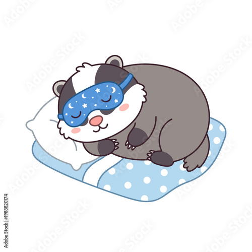A cute badger wearing a sleep mask sleeps peacefully on a pillow and blanket.