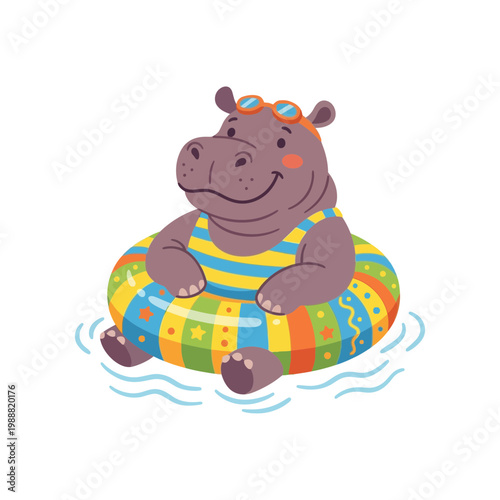 A smiling hippo wearing swim goggles and a swimsuit floats on a colorful raft in the water.