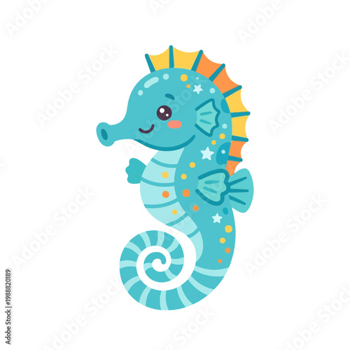 A cute seahorse with colorful dots swims happily underwater.