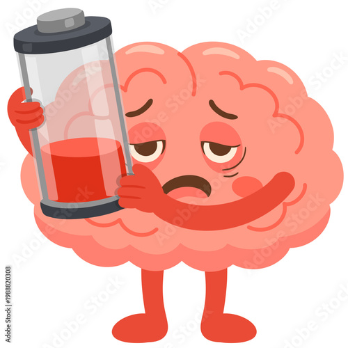 Cartoon Brain Character Holding a Low Battery Icon (Mental Fatigue and Brain Energy Illustration)