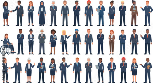Businessmen and businesswomen display diverse corporate roles in a team collection.