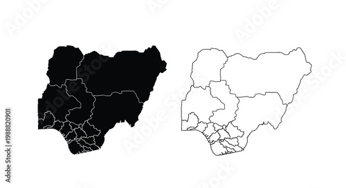 Two contrasting depictions of nigeria s map a solid black shape and a white outline version