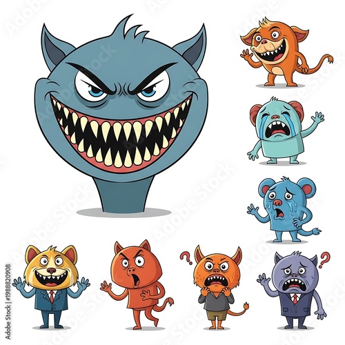 Cartoon monsters a large blue beast, happy, sad, scared, confused characters