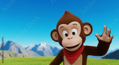 Cartoon monkey in red bandana waves hello in sunny alpine meadow
