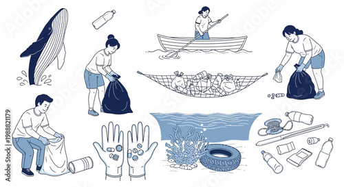 Ocean pollution, marine waste, environmental damage, eco issues, vector illustrations