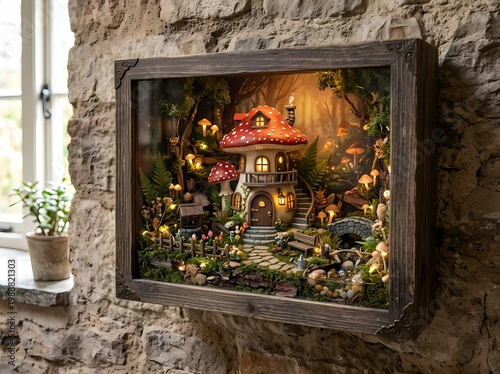 Miniature Mushroom House Diorama Fantasy Wall Art