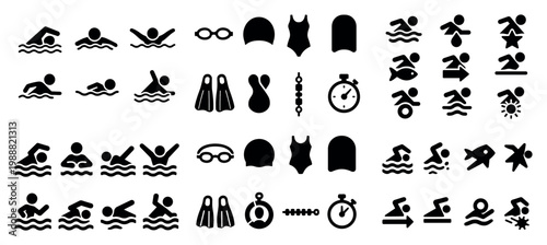 Swimming icons with swimmer goggles cap bold outline