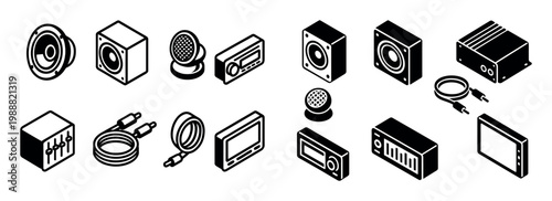 Audio icons with speaker microphone radio isometric