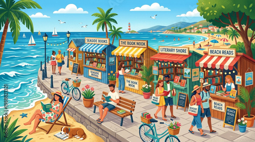 Outdoor Seaside Book Stalls People Reading Vector Summer Literary Scene