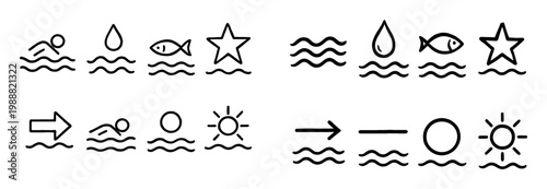 Sea icons with wave fish star minimal outline