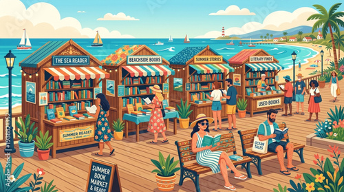 Outdoor Seaside Book Stalls People Reading Vector Summer Literary Scene