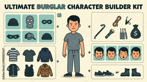 Thief Burglar Robber DIY Kit Flat Cartoon Character Builder Vector