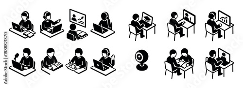 Education icons with student laptop book flat minimal