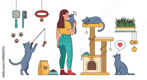 Cat lovers, feline friends, pet care, colorful illustration, vector set