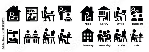Workspace icons with house desk outline