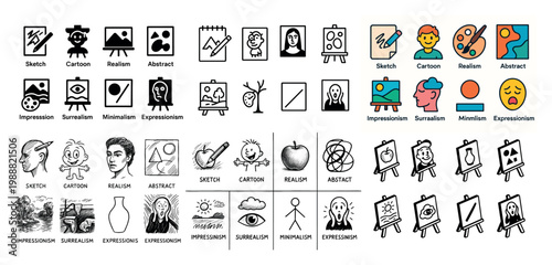 Art icons with easel palette brush minimal