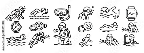 Diving icons with snorkel mask diver outline