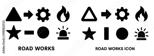 Road works icons with triangle gear beacon solid