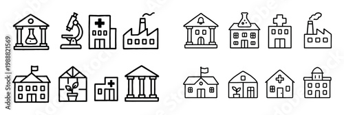 Healthcare icons with microscope hospital building outline