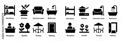 Lodging icons with bed couch sink minimal