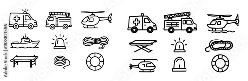 Emergency icons with ambulance helicopter rope outline