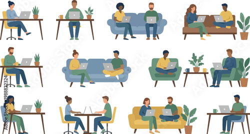 People using laptops in various home and office settings show modern work lifestyle.