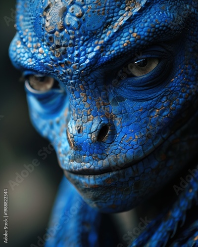 Blue reptilian humanoid face with textured skin and deep gaze. AI-generated.