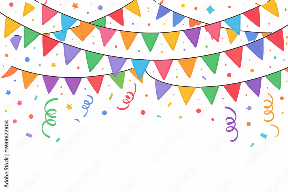 Obraz premium Vivid Pennant Streamers and Hanging Bunting Ribbon with Scattered Confetti and Cascading Paper Tails for Joyous Occasion Display, Minimal Flat Illustrated Background for Birthdays, Fairs, Milestones,