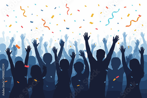Crowd of People Silhouettes with Hands Raised in Celebration and Colorful Confetti Falling, Simple Flat Vector Illustration for Party, Concert, Festival, Success, and Joyful Event Background
