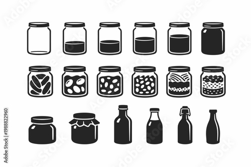 Glass Jar Icon Set with Different Liquid Levels, Food Containers, and Storage Bottle Silhouettes. Minimalist Vector Illustration of Kitchen Pantry Jars for Canning, Preserving, and Organizing.