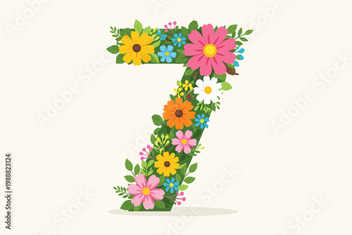 Floral Number Seven Vector Illustration Featuring Colorful Spring Flowers and Green Leaves. Flat Design Decorative Numeral 7 for Birthdays, Anniversaries, and Nature-Themed Graphic Design Projects.