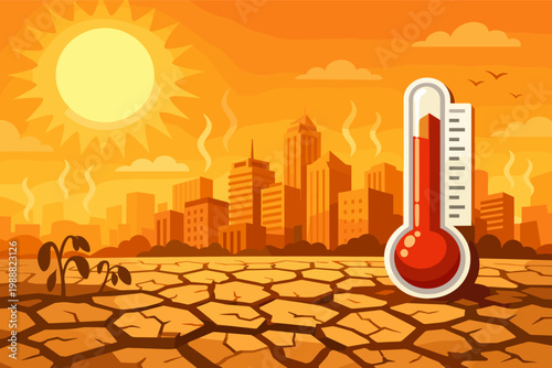Vector illustration of an urban cityscape suffering from an intense heatwave with a large sun, high temperature thermometer, cracked dry ground, and wilted plants under a scorching orange sky.