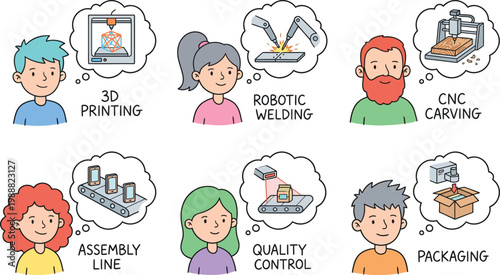 Diverse manufacturing processes illustrated with people thinking about 3D printing robotic welding CNC carving assembly line quality control